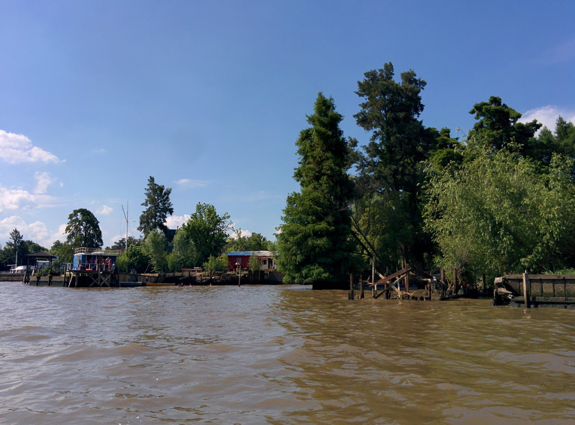 A river with houses.