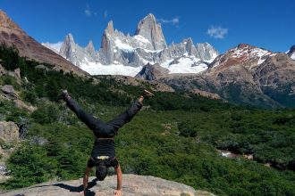 The author doing a figure with the Fitz Roy mountain in the background.