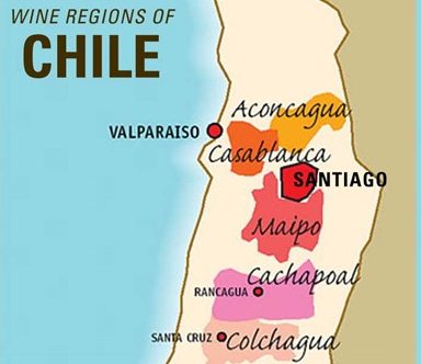 A map of center part of Chile with the wine regions drawn on it.