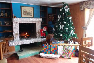 A fireplace with a Christmas tree and gifts.