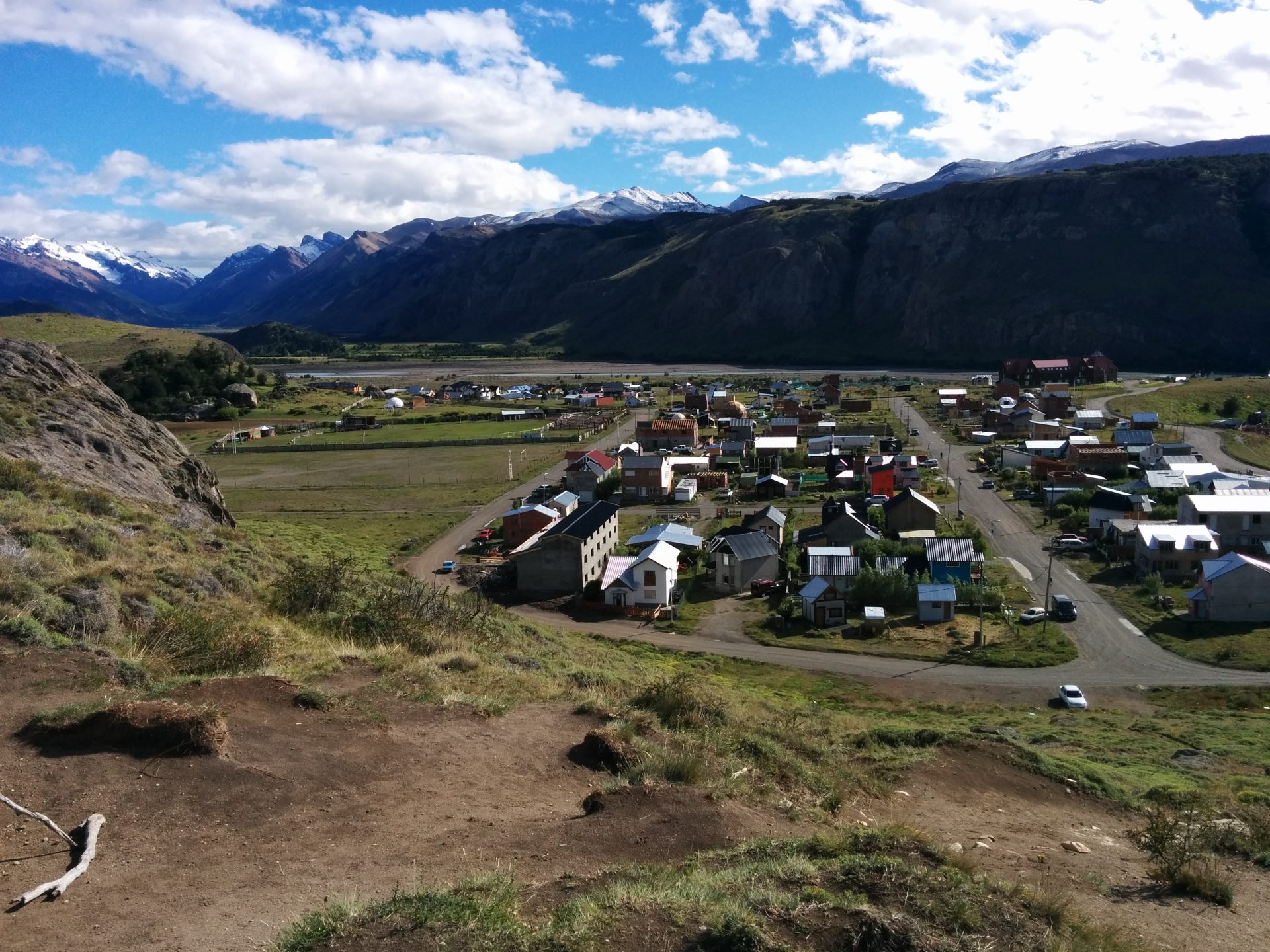 View from a hill of the city of El Chaltén