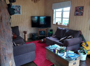 A living room with couches and a television. There are four guitares as well.