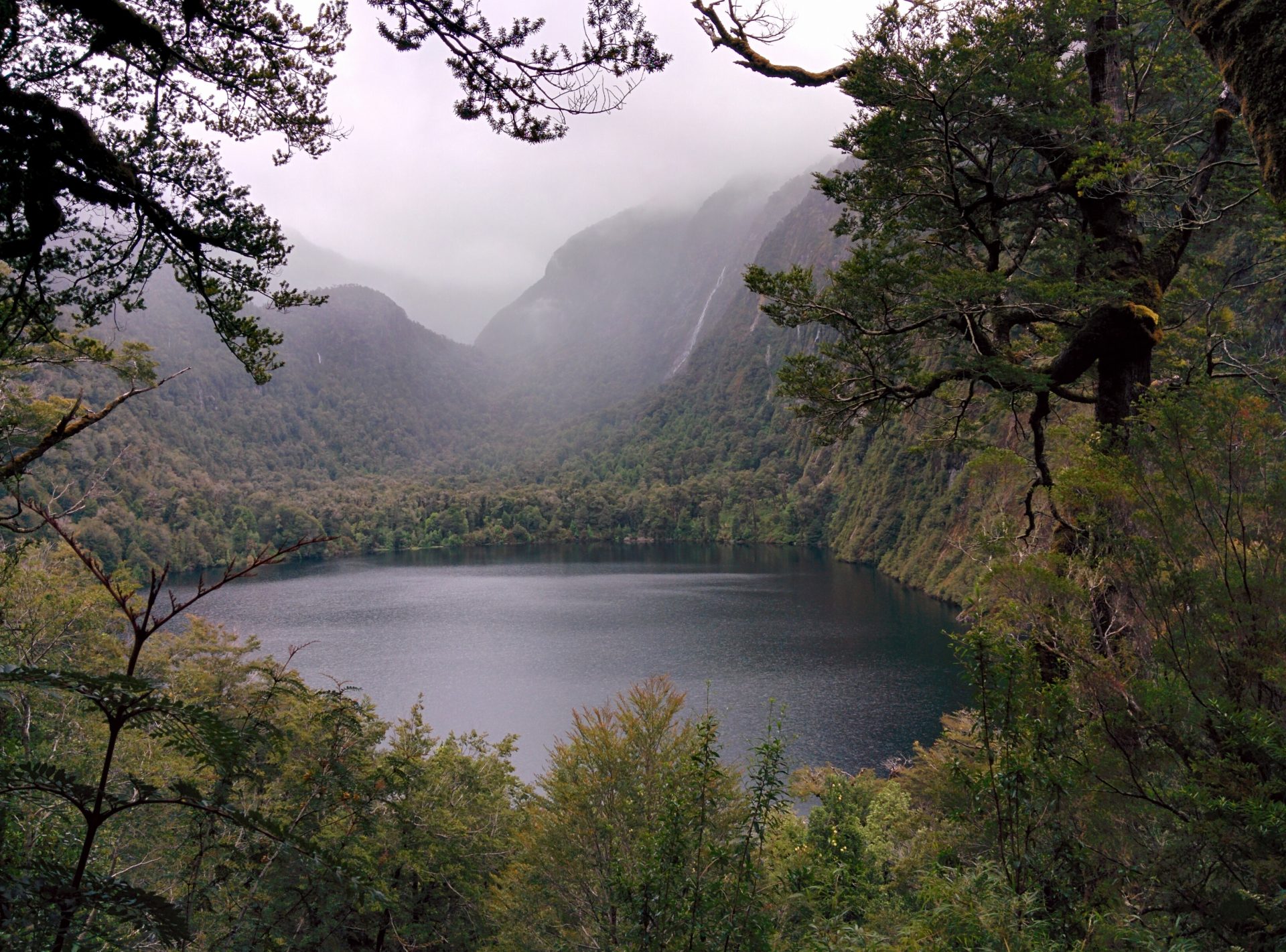 A lake surrounded by forests and mountains.