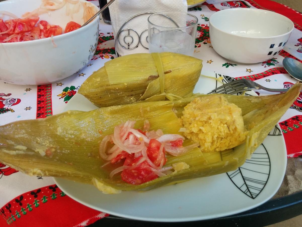 A meal with corn and onion wrapped in a leave