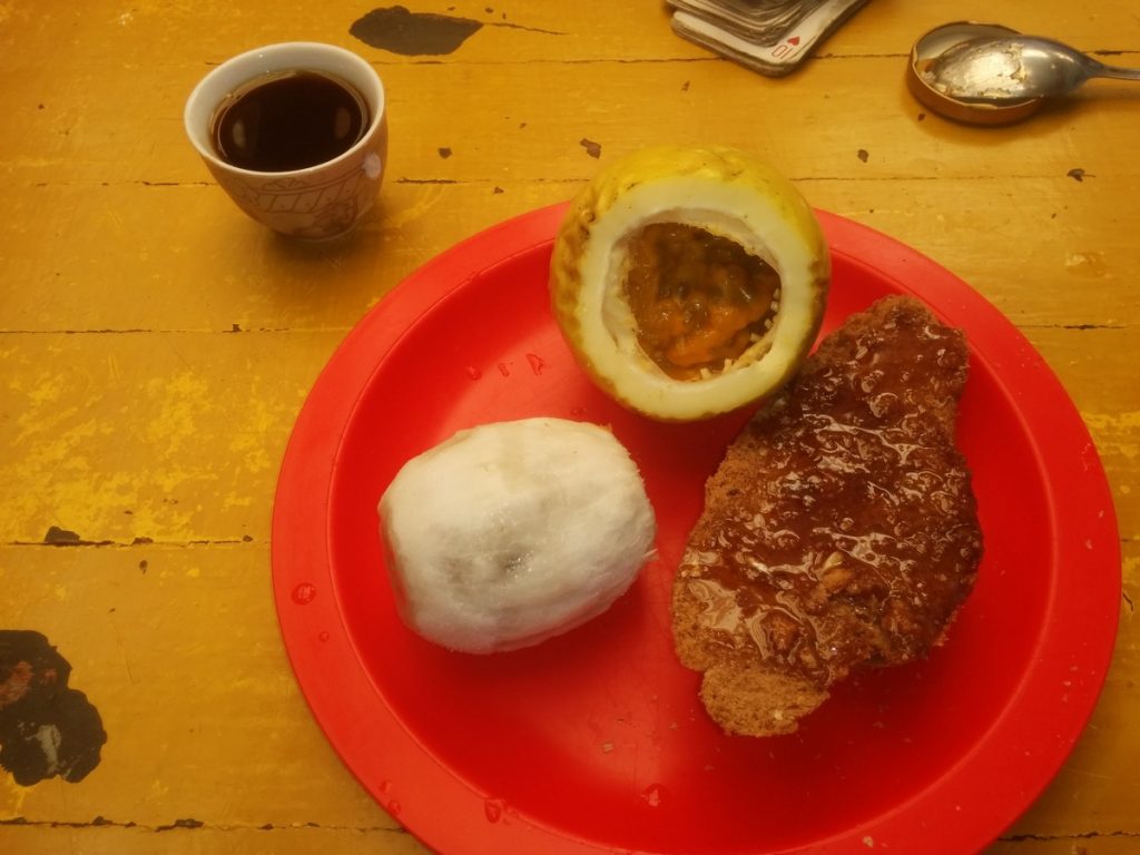 My healthly breakfast: Pitahaya, Maracuya, bread with honey and for sure coffee